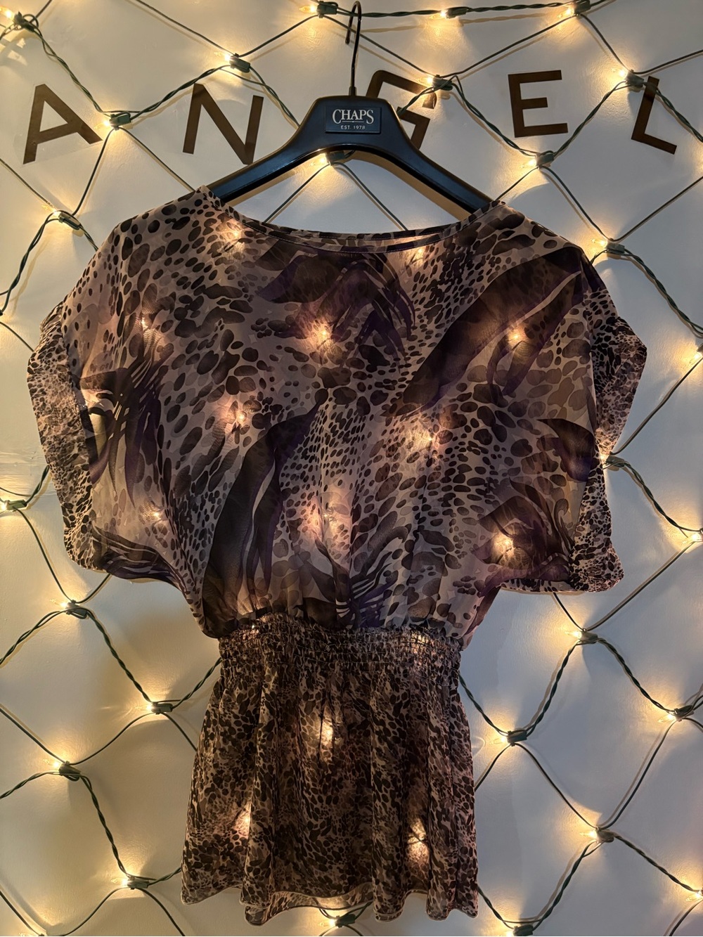 Miley Cyrus & Max Azria Gray and Purple Sheer Printed Top